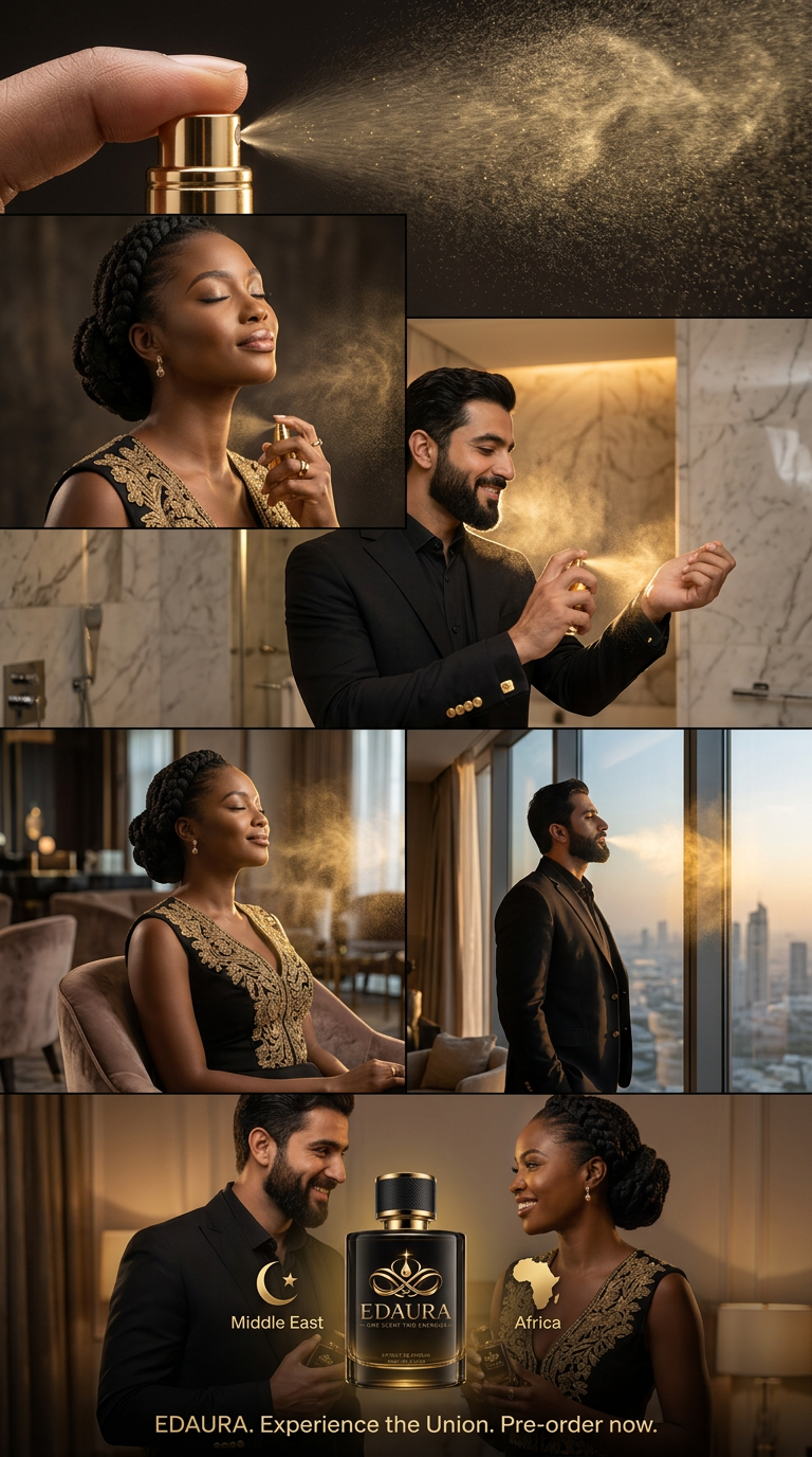 EDAURA campaign collage: a woman and a man applying EDAURA extrait de parfum in luxury interiors, united by the EDAURA flacon