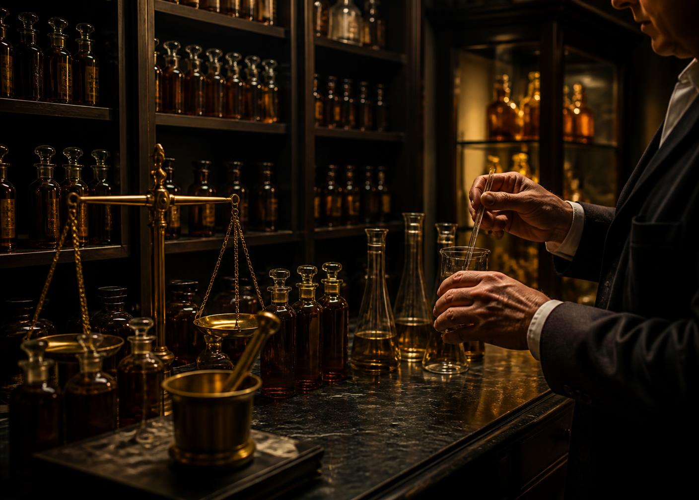 Master perfumer blending essences in a Grasse atelier