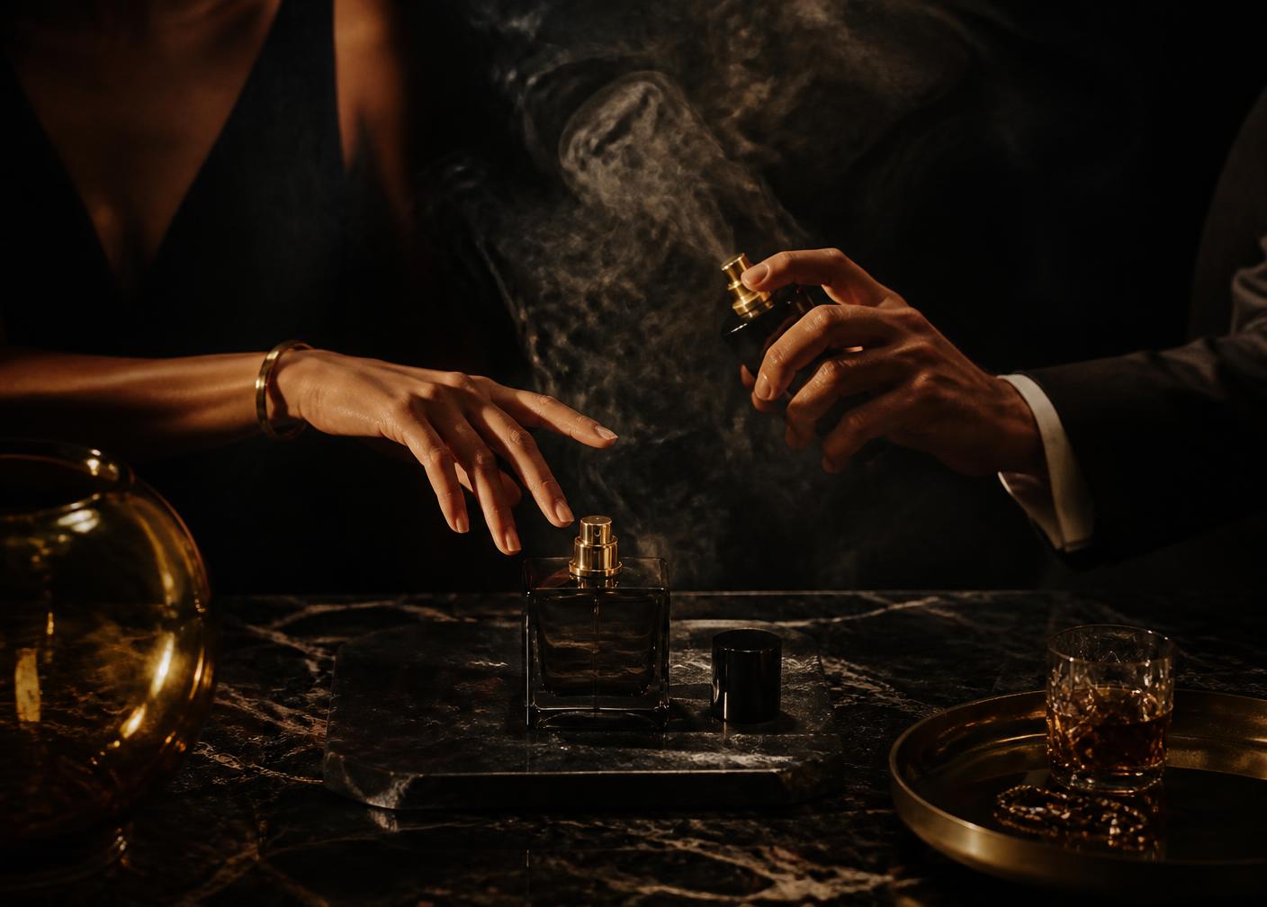 Two hands reaching for an EDAURA extrait de parfum bottle on dark marble
