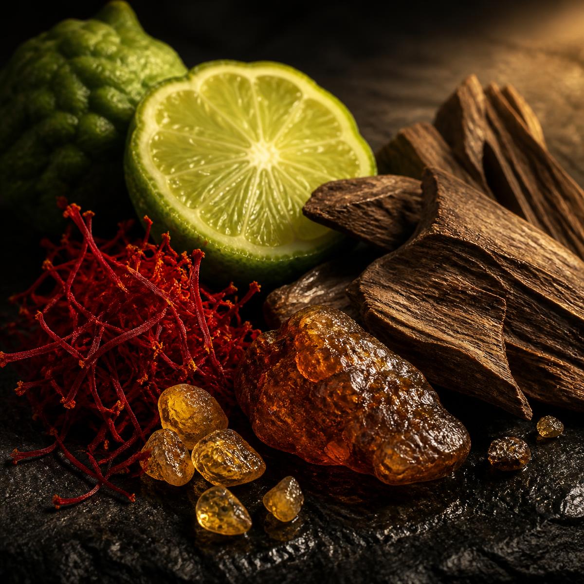 Saffron, bergamot, oud wood and amber resin on dark stone
